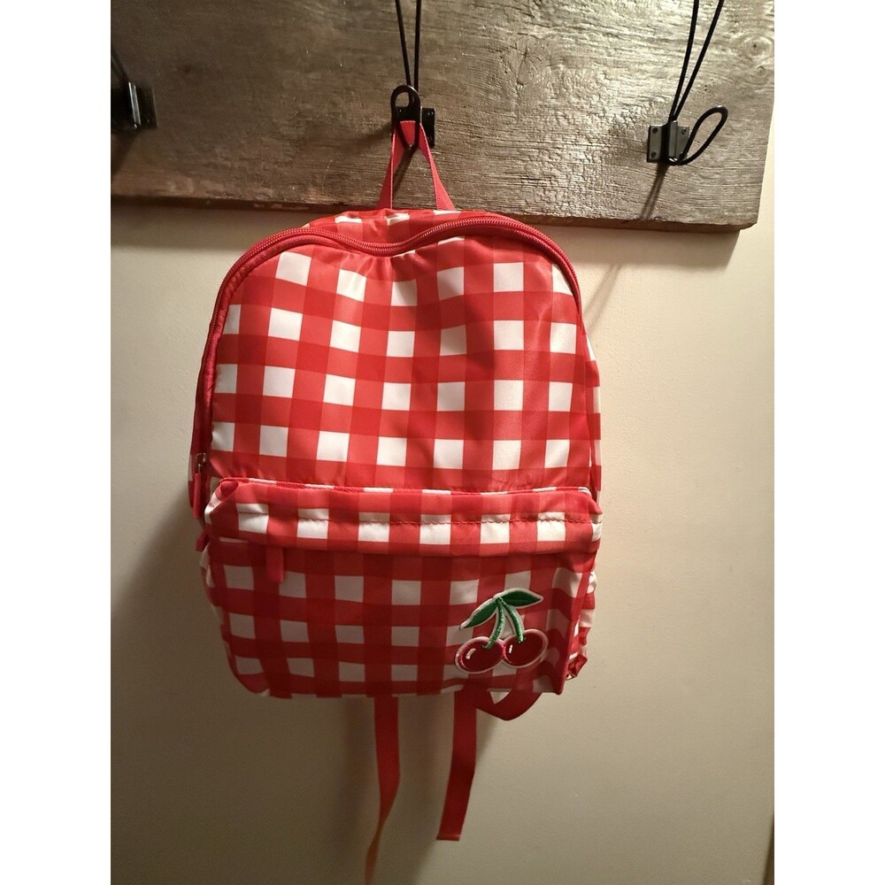 Pink Cabna Red/White Gingham Cherries Backpack Zip Adjustable Strap Outer Pocket